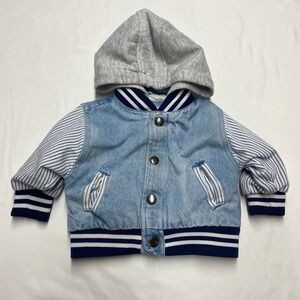 Vintage Skyline Baby Boy Denim Varsity Jacket Striped Hooded Light Wash 12M